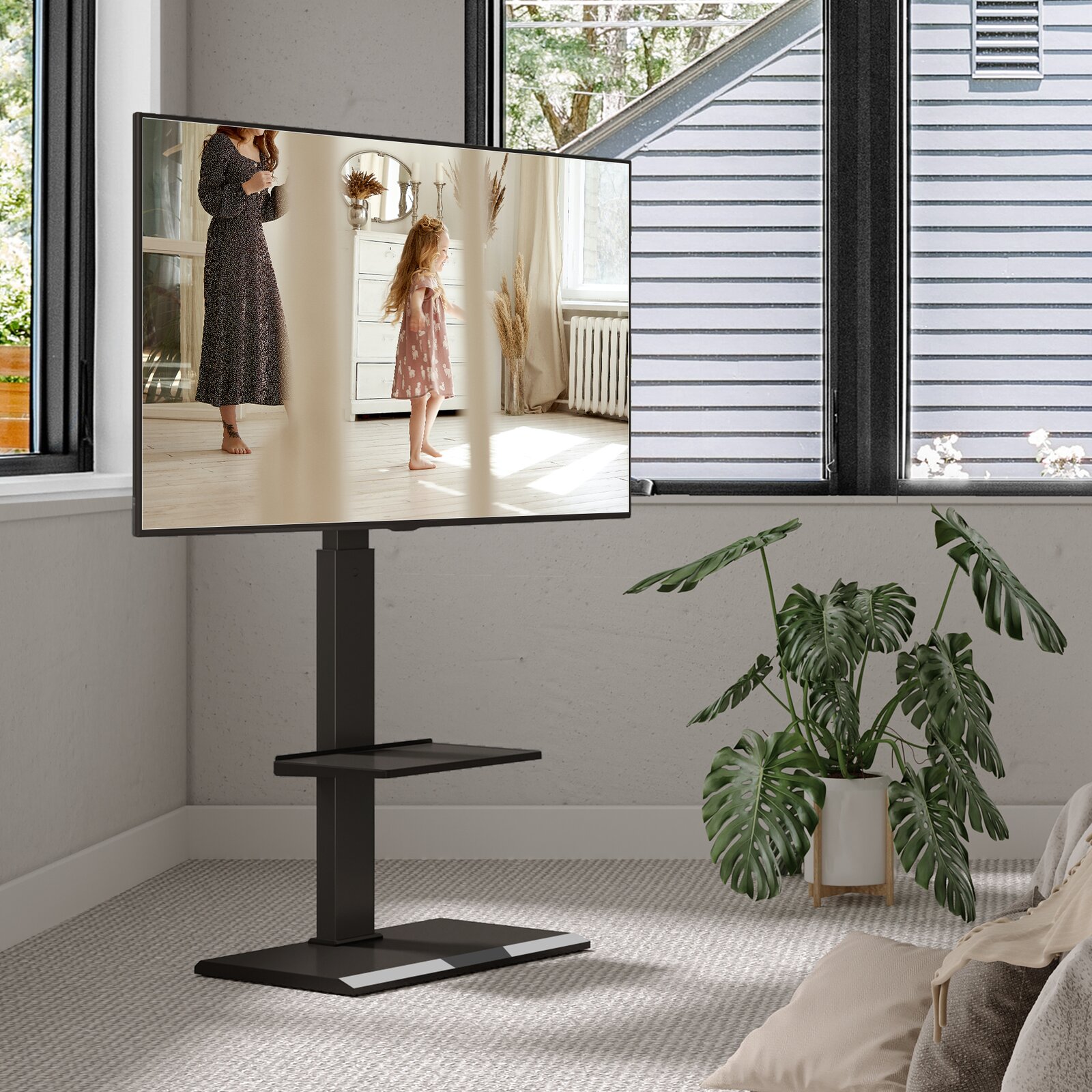 Latitude Run Caylie Latitude Run Black Motorized Swivel Floor Stand Mount for Screens with Shelving, Holds up to 88 Lb.